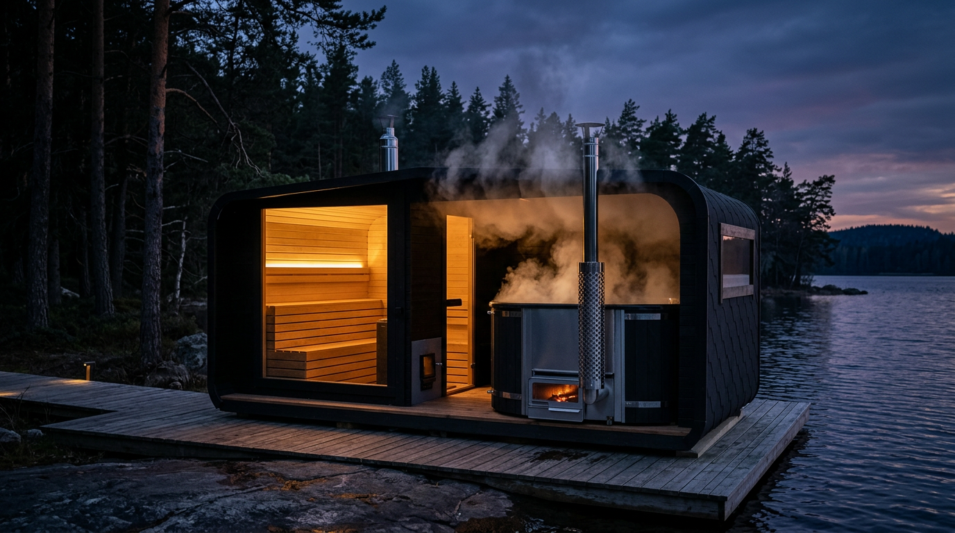 Black timber sauna by a Finnish lake at dusk